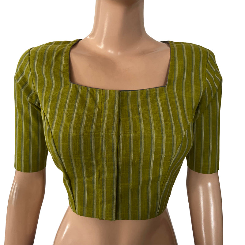 Woven Slub Cotton Striped Square neck Blouse with Lining, Olive Green, BH1225