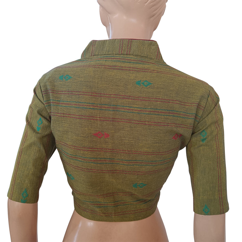 Handloom Jacquard Highneck Blouse with Lining, Olive Green, BH1227