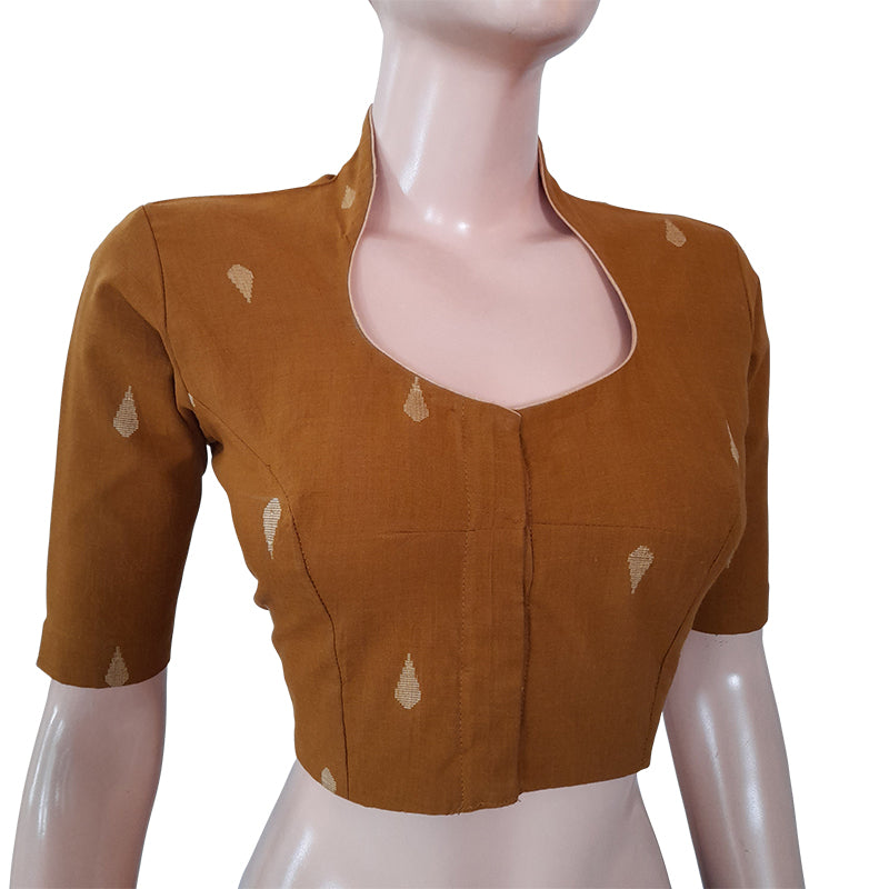 Handloom Jacquard Highneck Blouse with Lining, Mustard - Brown, BH1228