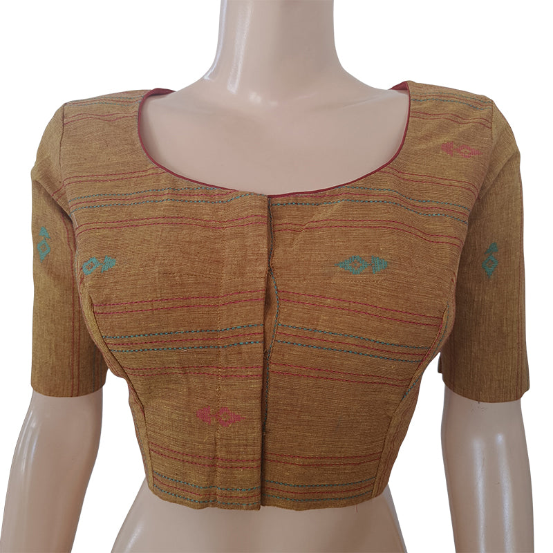 Handloom Jacquard Roundneck Blouse with Tear Drop Cut & Lining, Mustard - Yellow, BH1229