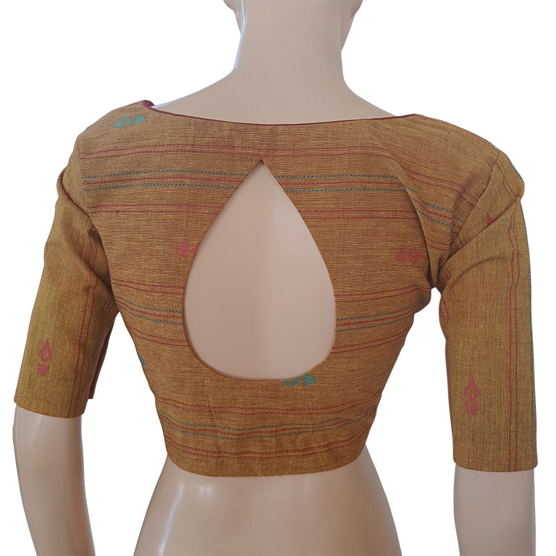 Handloom Jacquard Roundneck Blouse with Tear Drop Cut & Lining, Mustard - Yellow, BH1229