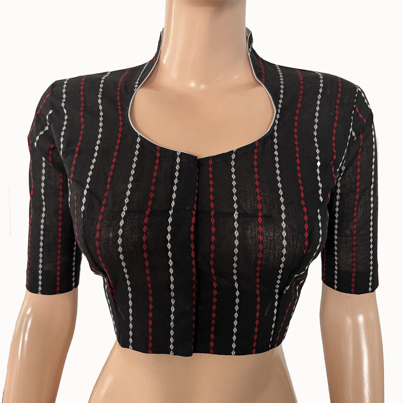 Handloom Jacquard Cotton Striped High neck Blouse, Black, BH1243