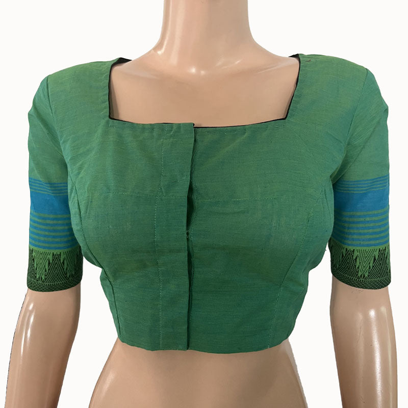 Mangalgiri Cotton Square neck Blouse with Woven Thread Border & Lining, Pista Green, BH1244