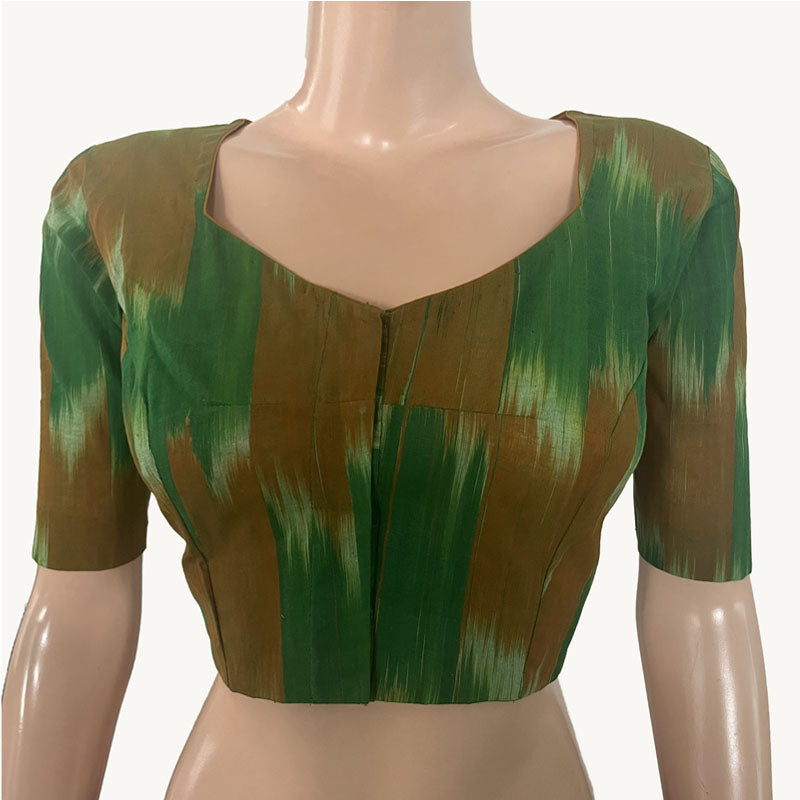Mangalgiri Tie - dye Cotton Sweetheart neck Blouse, Green - Brown, BH1250
