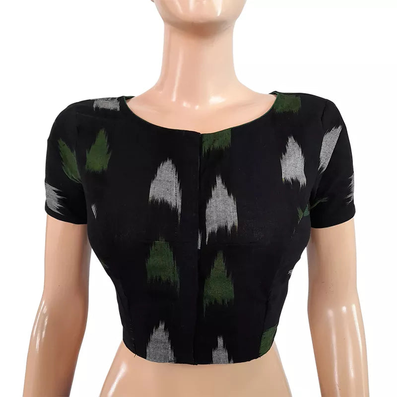 Ikat Cotton Boatneck Blouse With Potli Button Details,Black,BI1133