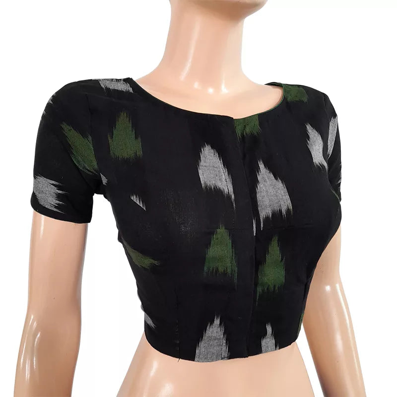 Ikat Cotton Boatneck Blouse With Potli Button Details,Black,BI1133