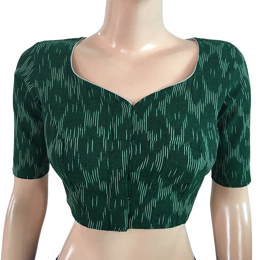Ikat Cotton Y neck Blouse, Bottle Green, BI1136