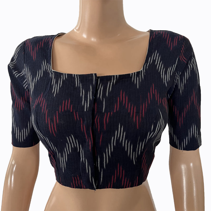 Ikat Cotton Square neck Blouse, Navy blue, BI1161
