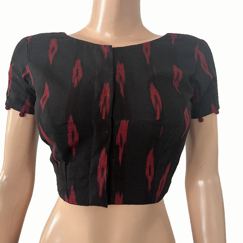 Ikat Cotton Boat neck Blouse with V neck Back & Potli Button Details Black, BI1164