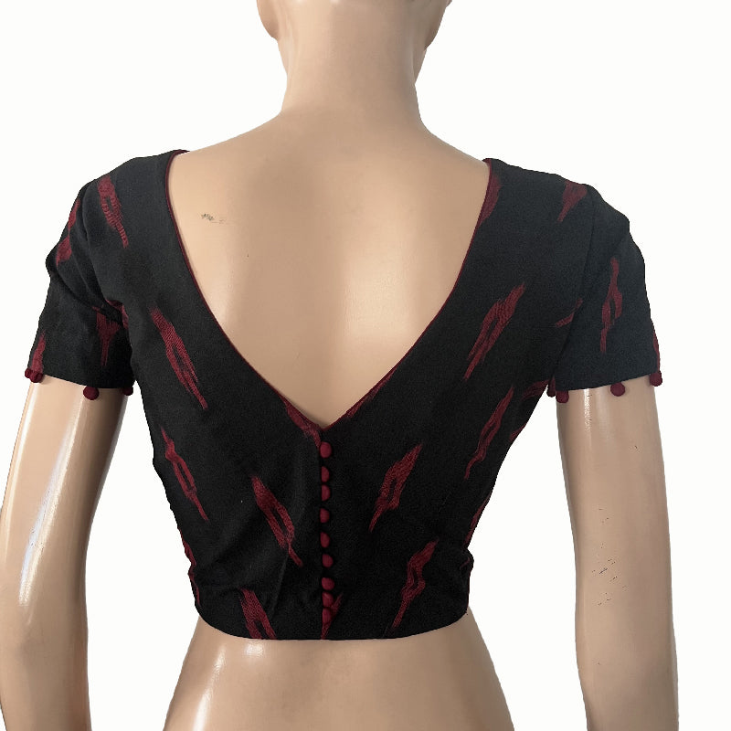 Ikat Cotton Boat neck Blouse with V neck Back & Potli Button Details Black, BI1164