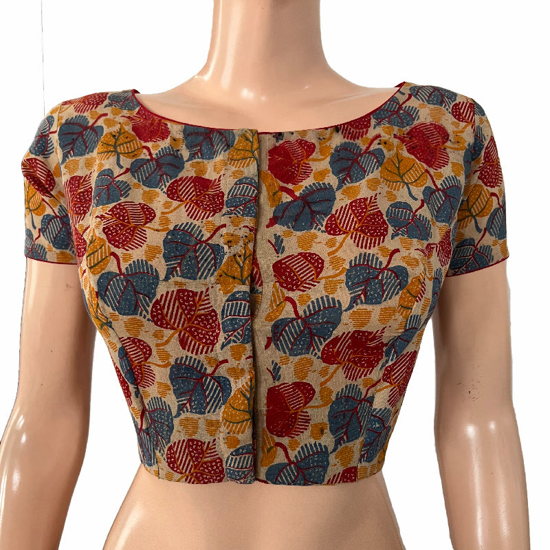 Kalamkari Cotton Boat neck Blouse with Short Sleeves, Multicolor