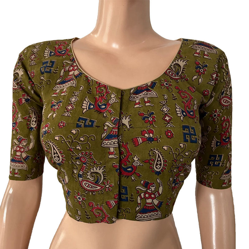 Kalamkari Cotton Round neck Blouse, Olive Green, BK1260