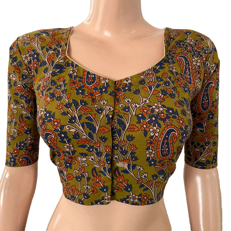 Kalamkari Cotton Pot neck Blouse, Olive Green, BK1263