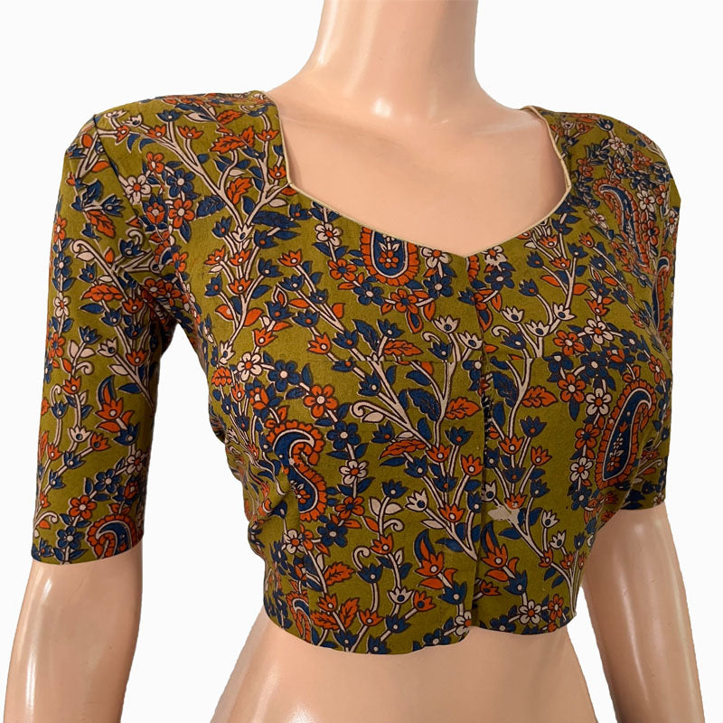 Kalamkari Cotton Pot neck Blouse, Olive Green, BK1263