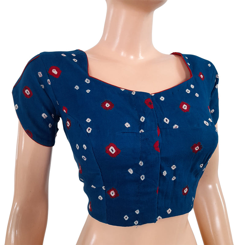Bandhani Tie - Dye Cotton Potneck Blouse with Tulip Cut & Lining, Blue, BP1121