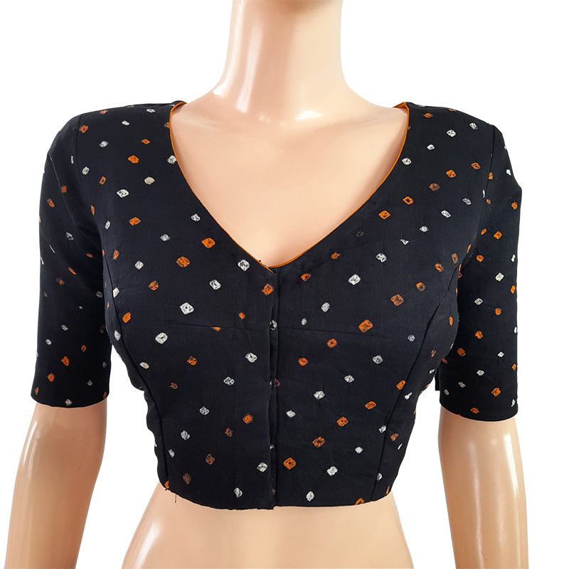 Bandhani Mul Cotton V neck Blouse with Lining, Black, BP1135 Bandhani Mul Cotton V neck Blouse with Lining, Black, BP1135