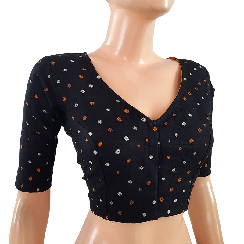 Bandhani Mul Cotton V neck Blouse with Lining, Black, BP1135 Bandhani Mul Cotton V neck Blouse with Lining, Black, BP1135