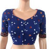 Bandhani Satin Cotton Y neck Blouse with Phoolkari Lace Border & Lining, Blue, BP1136 Bandhani Satin Cotton Y neck Blouse with Phoolkari Lace Border & Lining, Blue, BP1136
