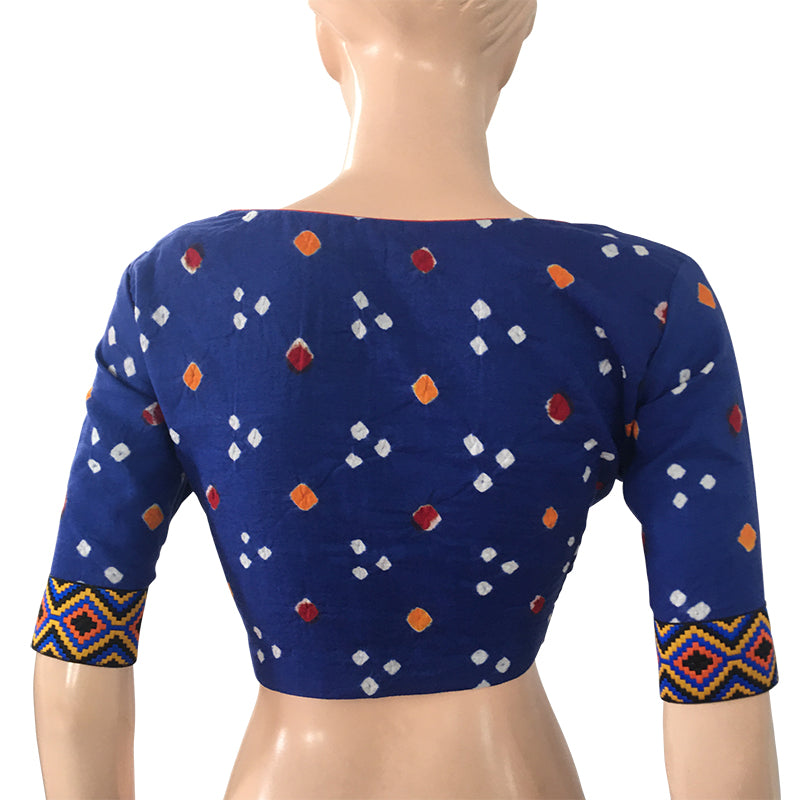 Bandhani Satin Cotton Y neck Blouse with Phoolkari Lace Border & Lining, Blue, BP1136 Bandhani Satin Cotton Y neck Blouse with Phoolkari Lace Border & Lining, Blue, BP1136