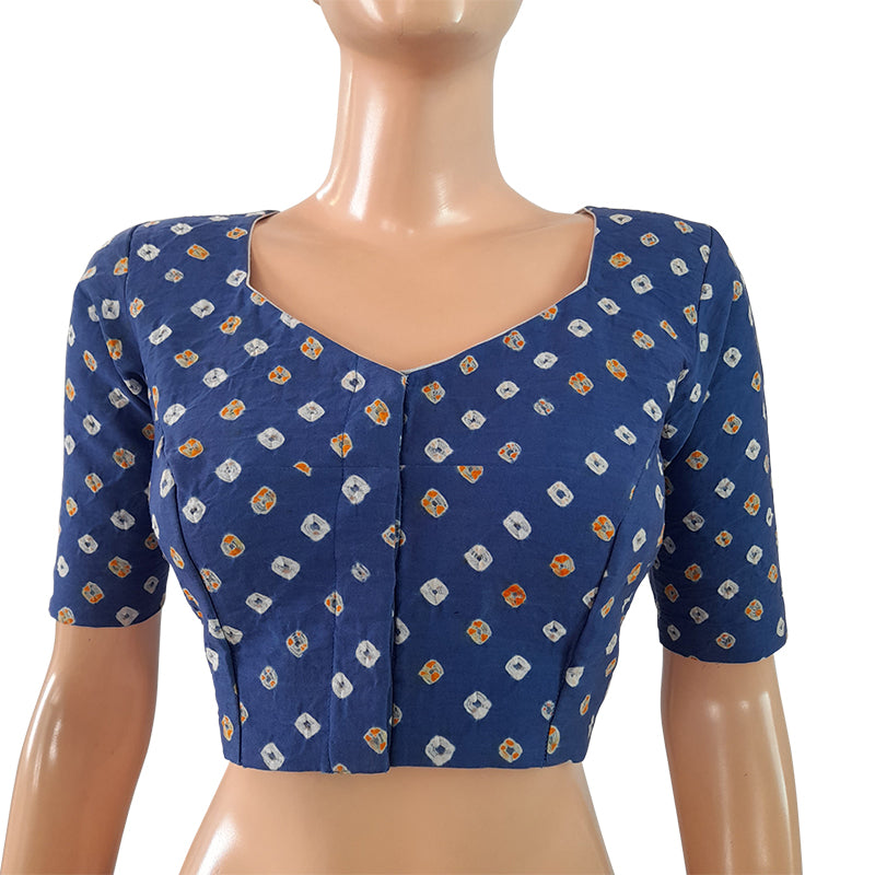 Bandhani Cotton Satin Sweetheart neck Blouse with Lining, Iris blue, BP1147