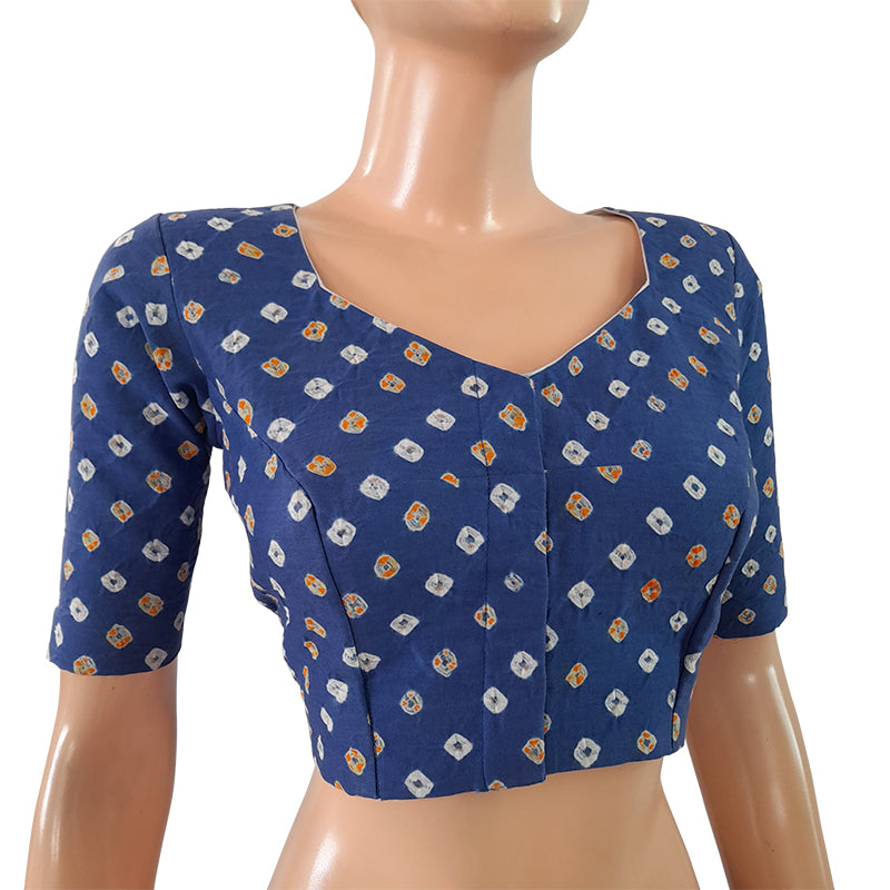 Bandhani Cotton Satin Sweetheart neck Blouse with Lining, Iris blue, BP1147