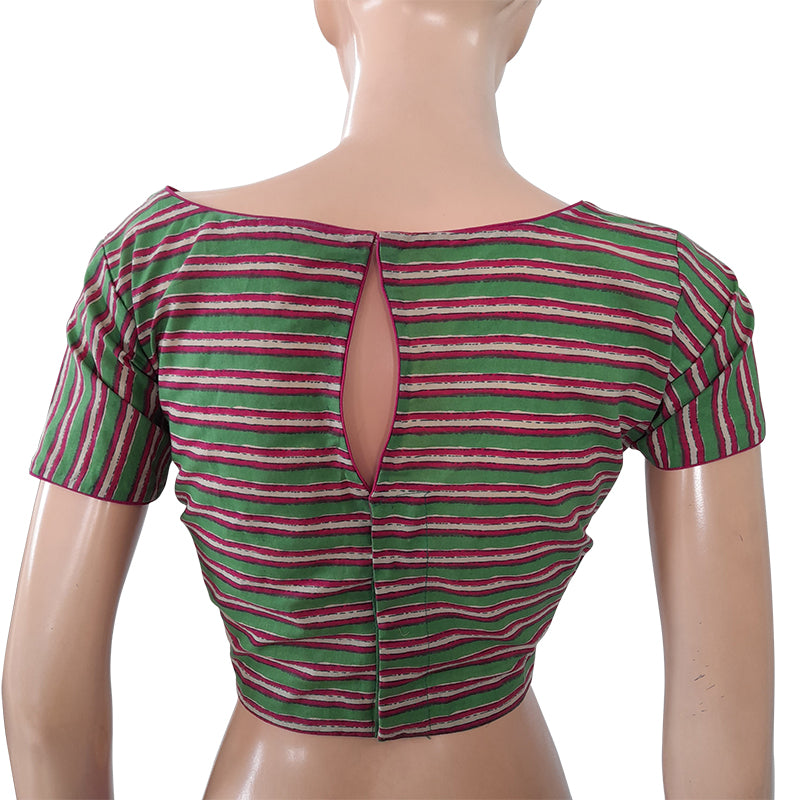 Striped Boatneck Blouse with Short Sleeves, Backopen, Green - Pink, BP1159