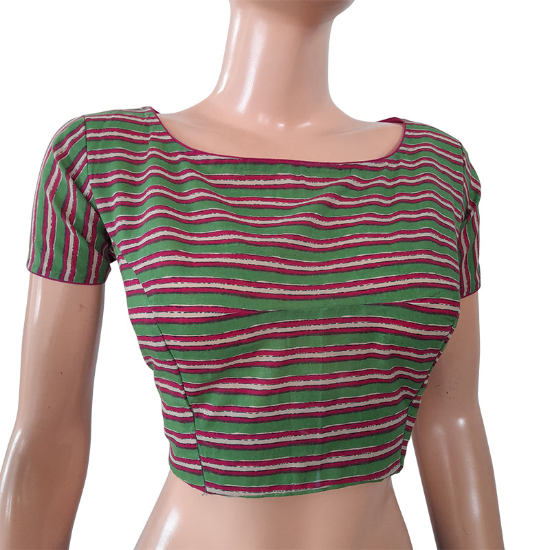 Striped Boatneck Blouse with Short Sleeves, Backopen, Green - Pink, BP1159
