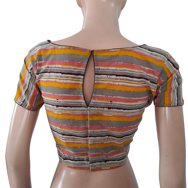 Striped Printed Cotton Boat neck Blouse with Short Sleeves, Multicolor, BP1165
