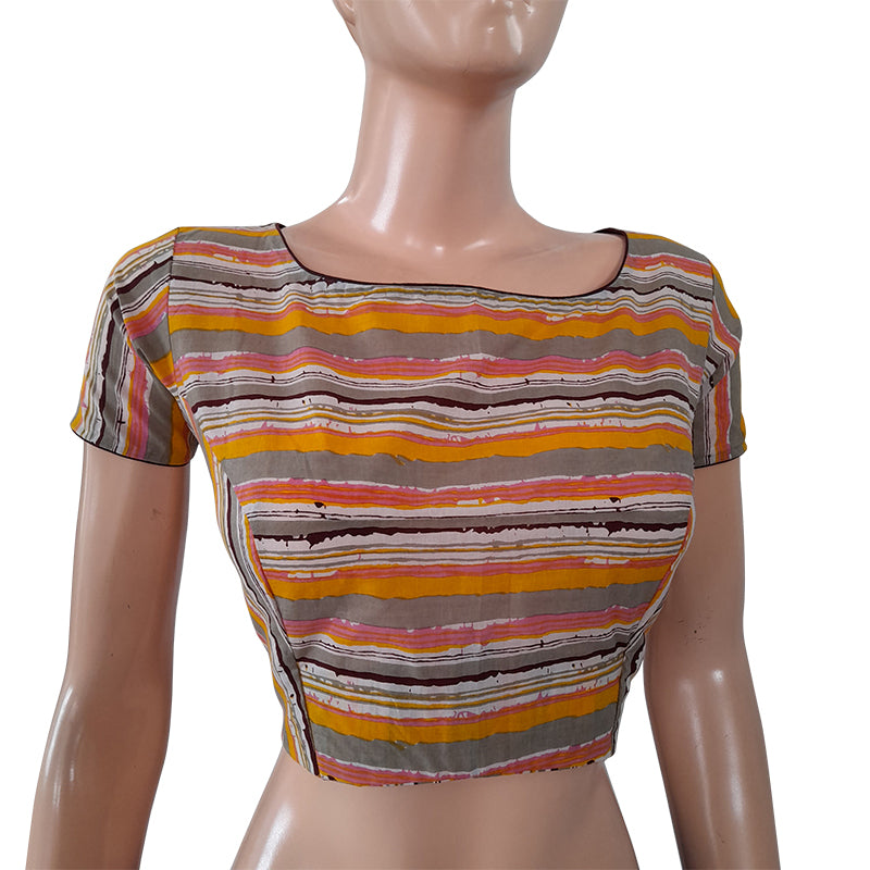 Striped Printed Cotton Boat neck Blouse with Short Sleeves, Multicolor, BP1165