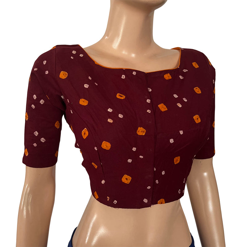 Bandhani Cotton Y neck Blouse with Lining, Dark Brown, BP1188