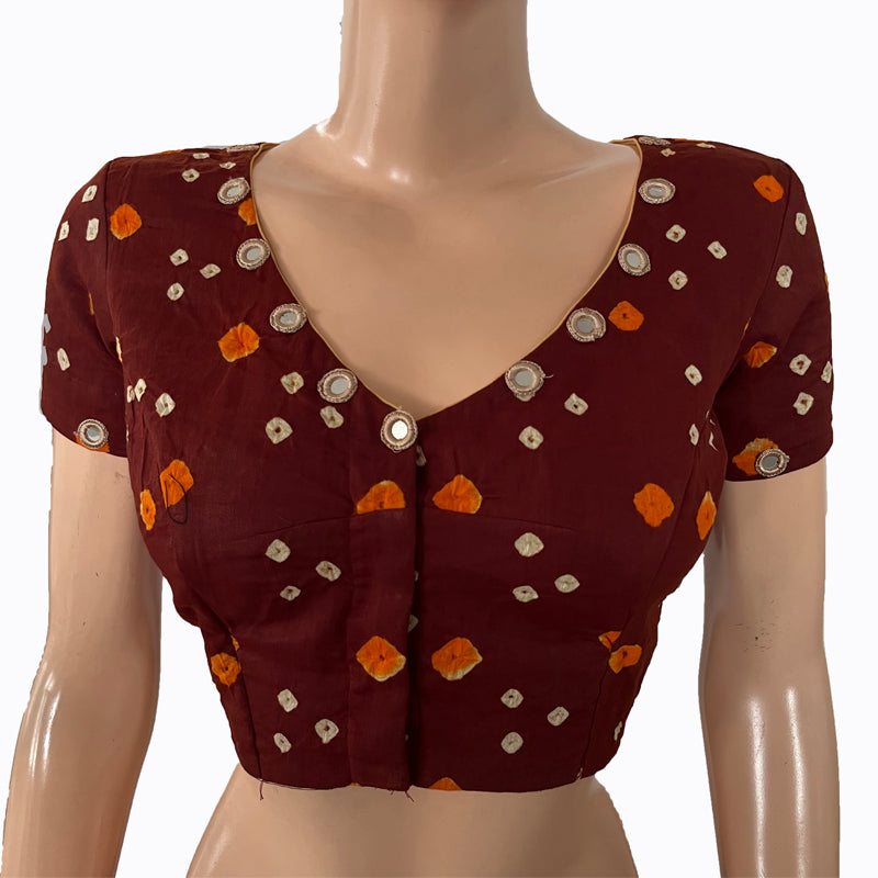 Bandhani Cotton V neck Blouse with Short Sleeves & Mirror Work Details, Brown, BP1189