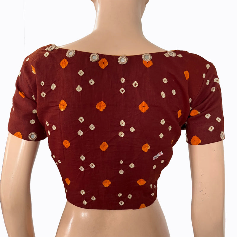 Bandhani  Cotton  V neck Blouse with Short Sleeves & Mirror Work Details,  Brown,  BP1189 Bandhani  Cotton  V neck Blouse with Short Sleeves & Mirror Work Details,  Brown,  BP1189