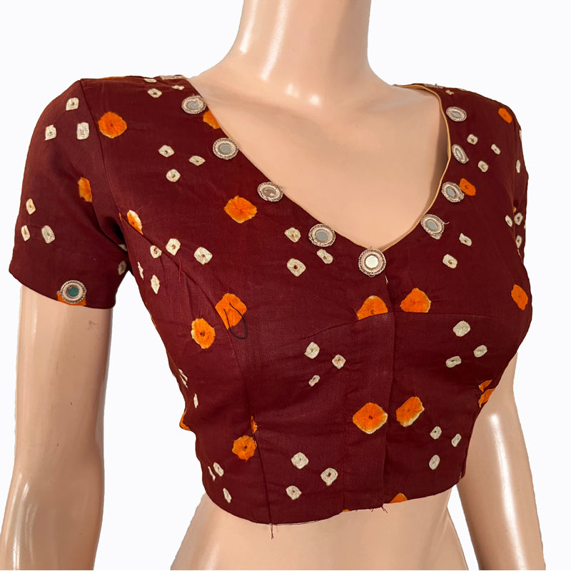 Bandhani  Cotton  V neck Blouse with Short Sleeves & Mirror Work Details,  Brown,  BP1189 Bandhani  Cotton  V neck Blouse with Short Sleeves & Mirror Work Details,  Brown,  BP1189