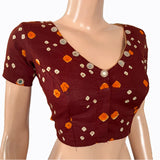 Bandhani  Cotton  V neck Blouse with Short Sleeves & Mirror Work Details,  Brown,  BP1189 Bandhani  Cotton  V neck Blouse with Short Sleeves & Mirror Work Details,  Brown,  BP1189