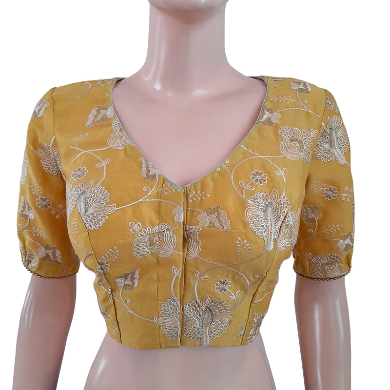 Embroidered Chanderi Silk V neck Blouse with Gathered Sleeves & Bead Details, Yellow, BS1102 Embroidered Chanderi Silk V neck Blouse with Gathered Sleeves & Bead Details, Yellow, BS1102