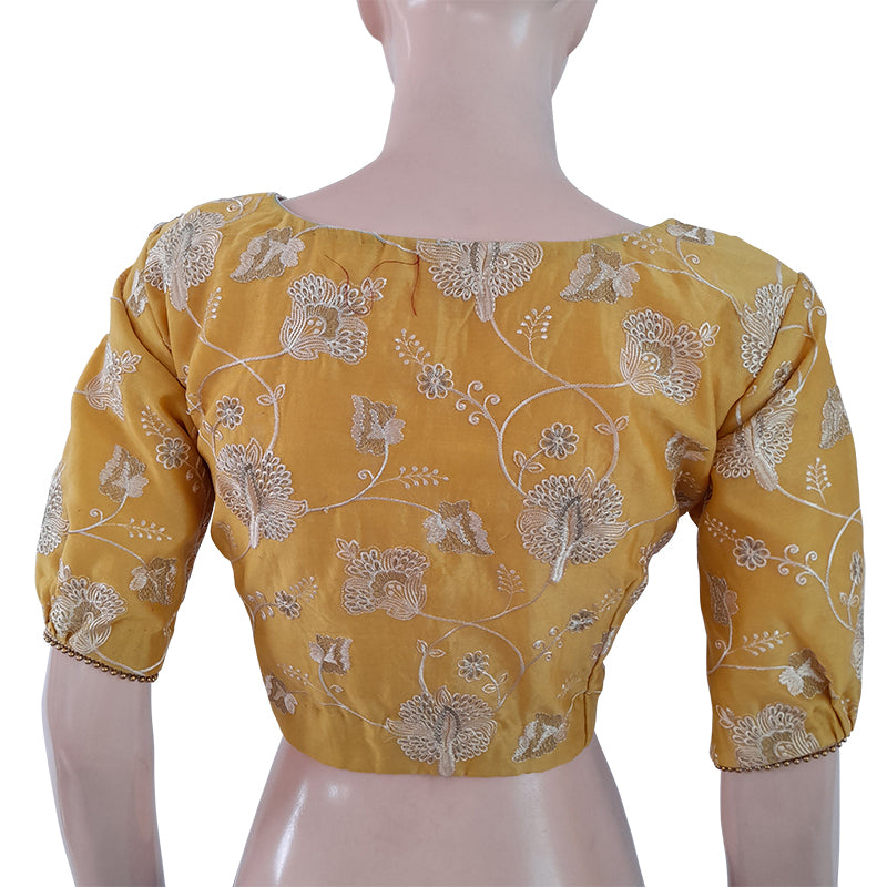 Embroidered Chanderi Silk V neck Blouse with Gathered Sleeves & Bead Details, Yellow, BS1102 Embroidered Chanderi Silk V neck Blouse with Gathered Sleeves & Bead Details, Yellow, BS1102