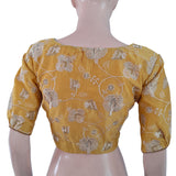 Embroidered Chanderi Silk V neck Blouse with Gathered Sleeves & Bead Details, Yellow, BS1102 Embroidered Chanderi Silk V neck Blouse with Gathered Sleeves & Bead Details, Yellow, BS1102
