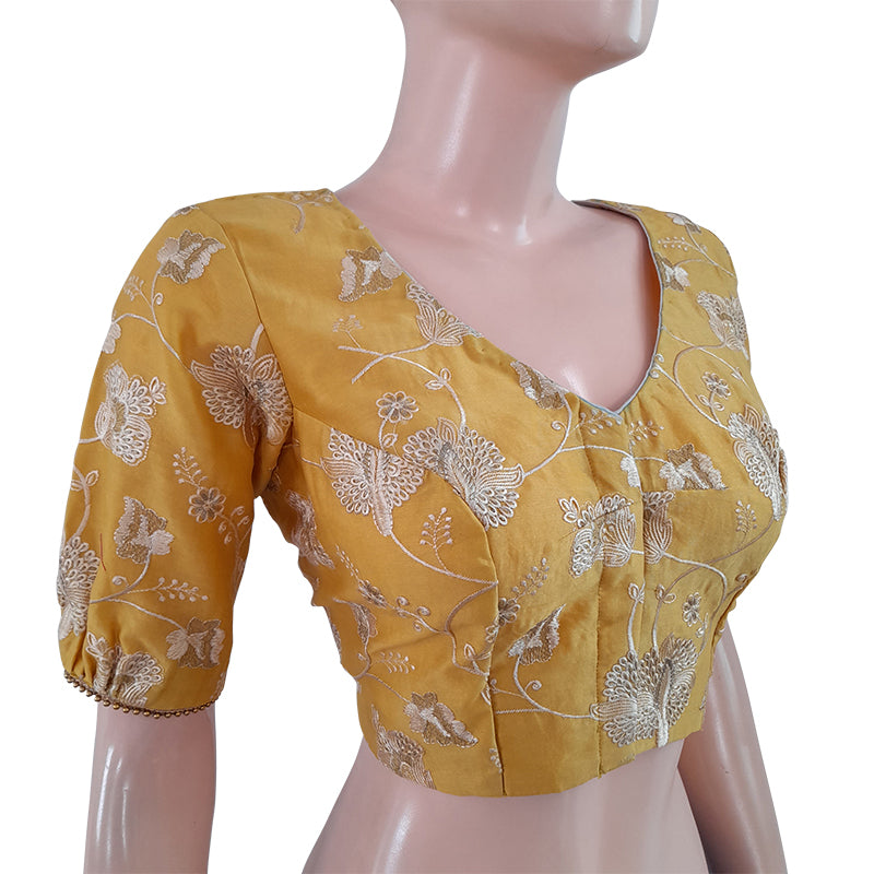 Embroidered Chanderi Silk V neck Blouse with Gathered Sleeves & Bead Details, Yellow, BS1102 Embroidered Chanderi Silk V neck Blouse with Gathered Sleeves & Bead Details, Yellow, BS1102