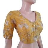Embroidered Chanderi Silk V neck Blouse with Gathered Sleeves & Bead Details, Yellow, BS1102 Embroidered Chanderi Silk V neck Blouse with Gathered Sleeves & Bead Details, Yellow, BS1102