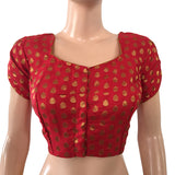 Satin Silk Pot neck Blouse with Tulip cut, Golden Butta & Lining, Red, BS1109 Satin Silk Pot neck Blouse with Tulip cut, Golden Butta & Lining, Red, BS1109