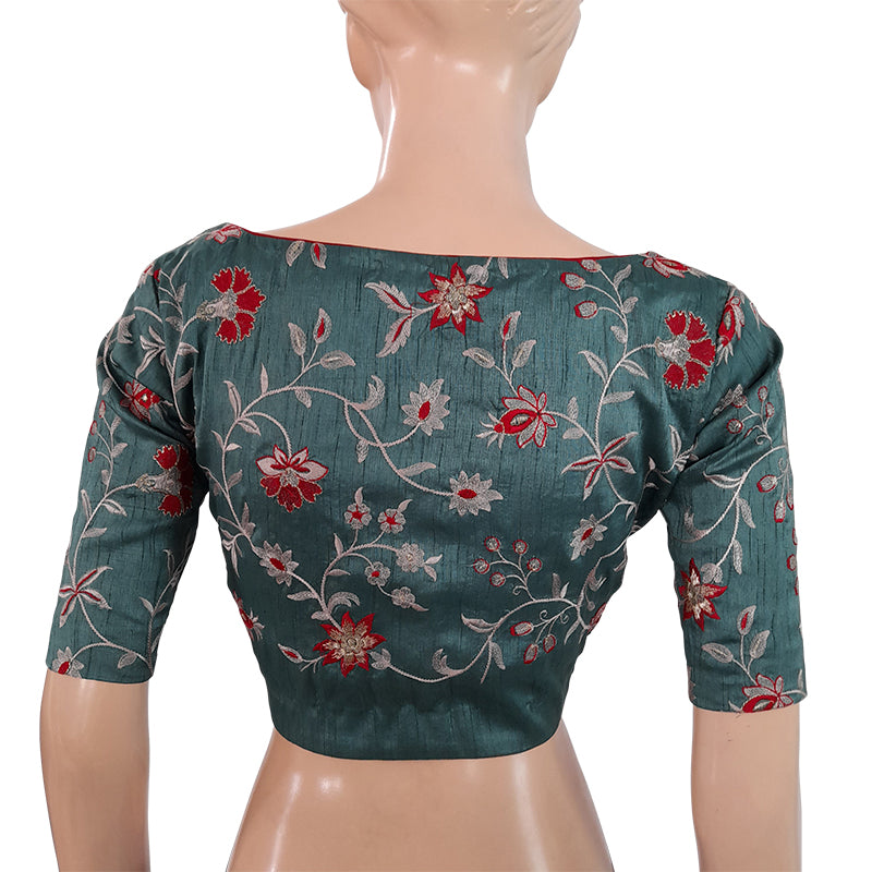 Embroidered Raw Silk Y neck Blouse with Front Zip Opening & Lining, Teal Green, BS1115 Embroidered Raw Silk Y neck Blouse with Front Zip Opening & Lining, Teal Green, BS1115