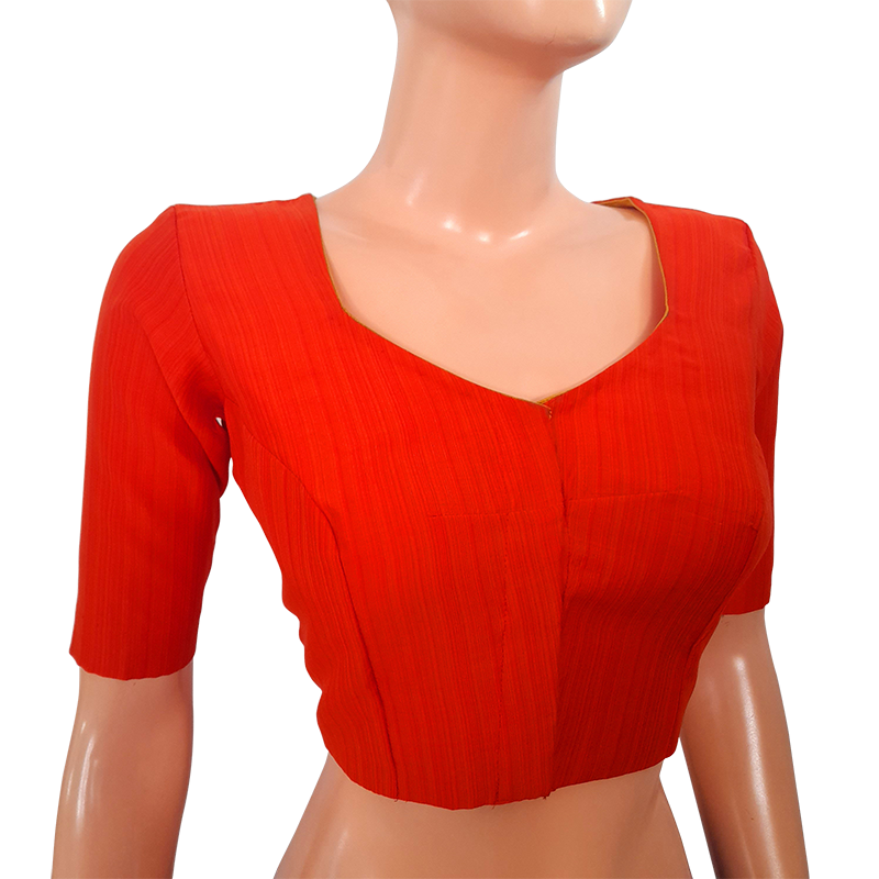 Semi Raw Silk Sweetheart neck Blouse with Triangular cut in the back & Lining, Rust - Orange, BS1125A