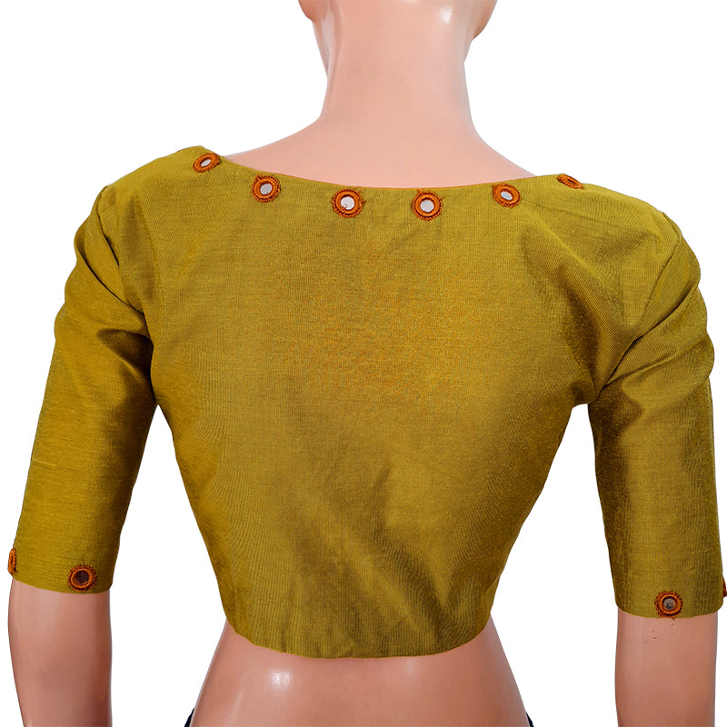 Textured Art Silk Y neck Blouse with Mirror Work Details & Lining, Lemon Green, BS1128A