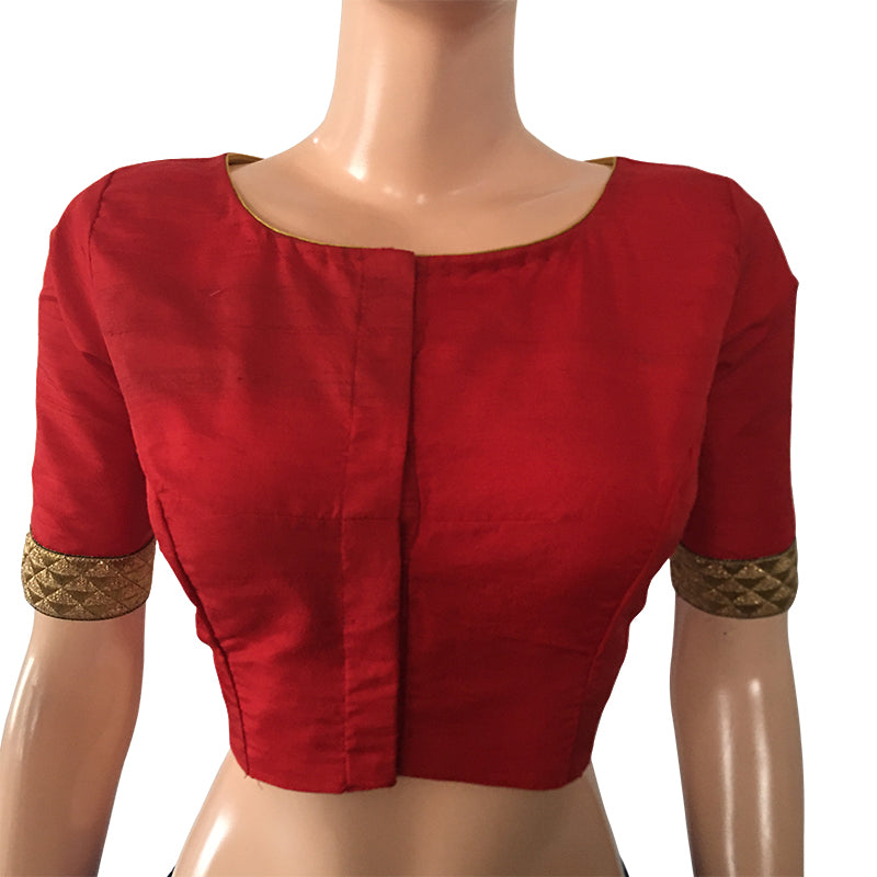 Semi Raw Silk Boatneck Blouse with Zari Lace Border, Metal details & Lining, Red, BS1133