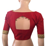 Semi Raw Silk Boatneck  Blouse with Zari Lace Border, Metal details & Lining,  Red,  BS1133 Semi Raw Silk Boatneck  Blouse with Zari Lace Border, Metal details & Lining,  Red,  BS1133