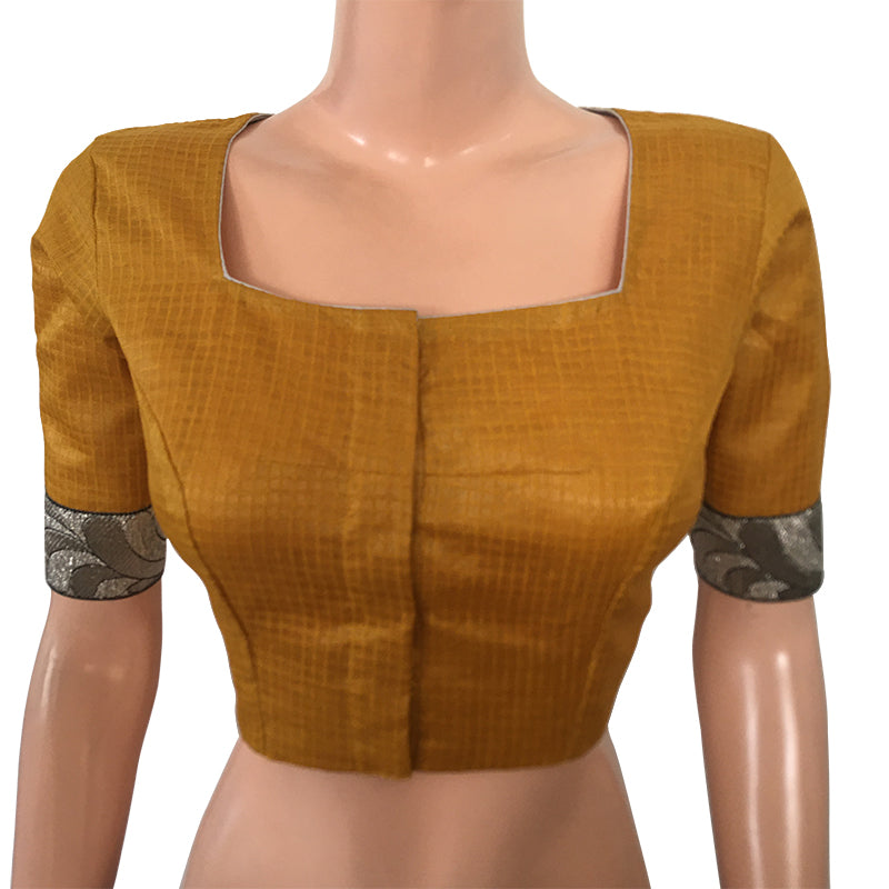 Pure Tussar Silk Squareneck Blouse with Silver Zari Lace & Lining, Self Checkered, Mustard, BS1136