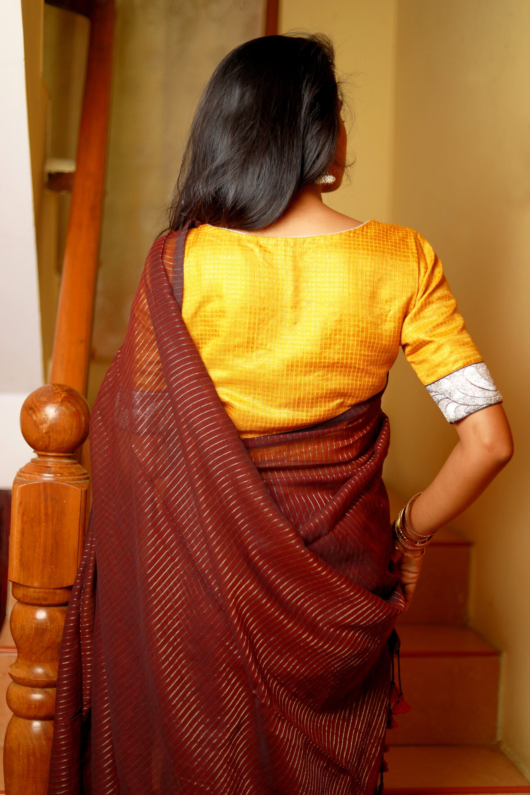 Pure Tussar Silk Squareneck Blouse with Silver Zari Lace & Lining, Self Checkered, Mustard, BS1136