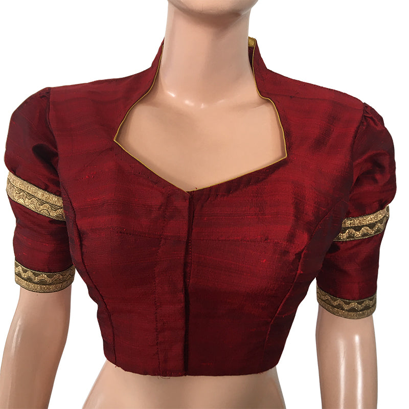 Pure Raw Silk Highneck Blouse with Puff Sleeves, Zari Lace & Metail Details, Maroon, BS1139