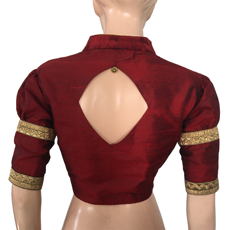 Pure Raw Silk Highneck Blouse with Puff Sleeves, Zari Lace & Metail Details, Maroon, BS1139
