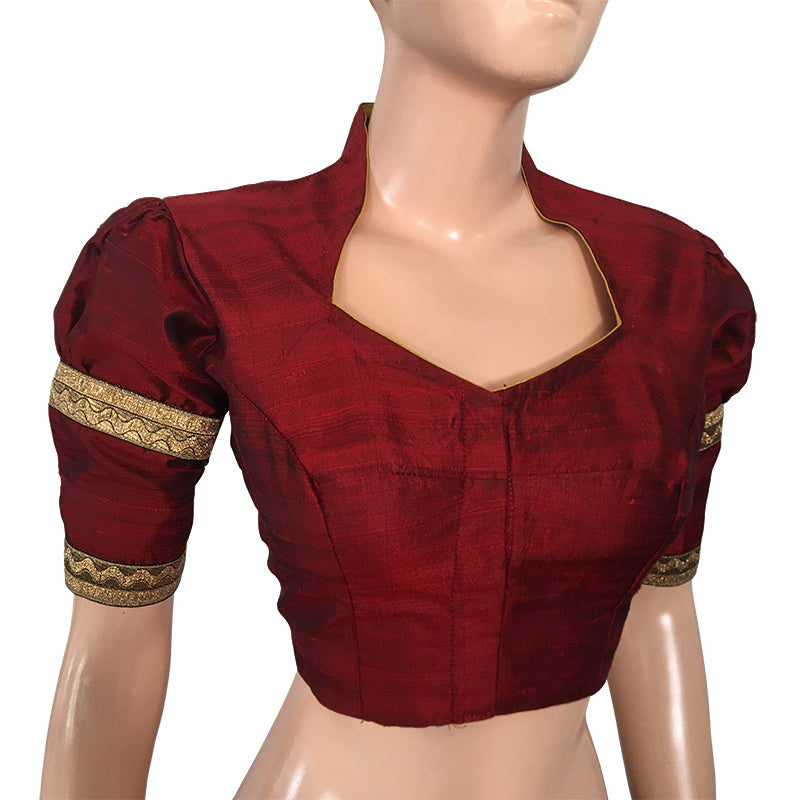 Pure Raw Silk Highneck Blouse with Puff Sleeves, Zari Lace & Metail Details, Maroon, BS1139